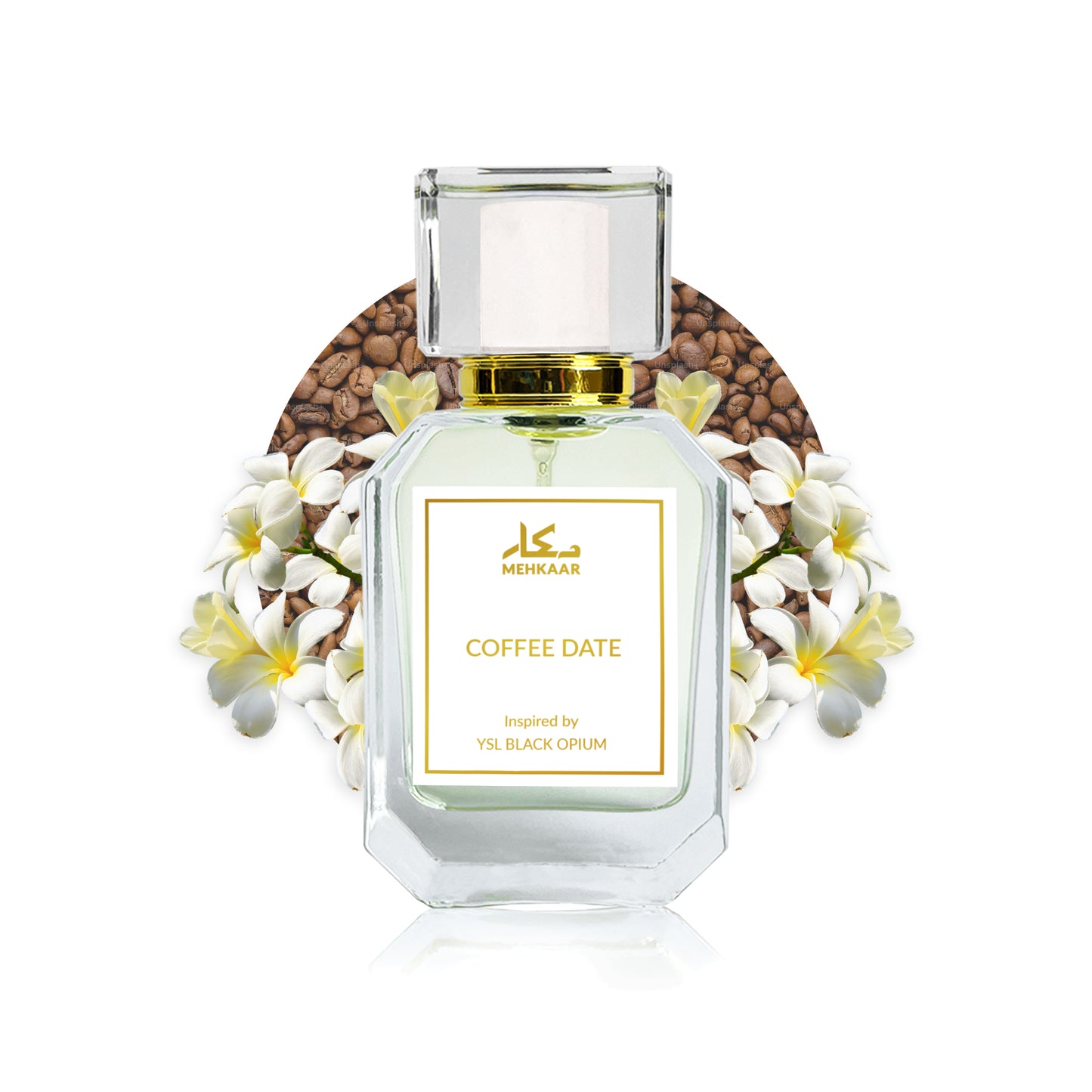 Coffee Date 50ml perfume by Mehkaar Fragrances inspired by YSL Black Opium glass spray bottle