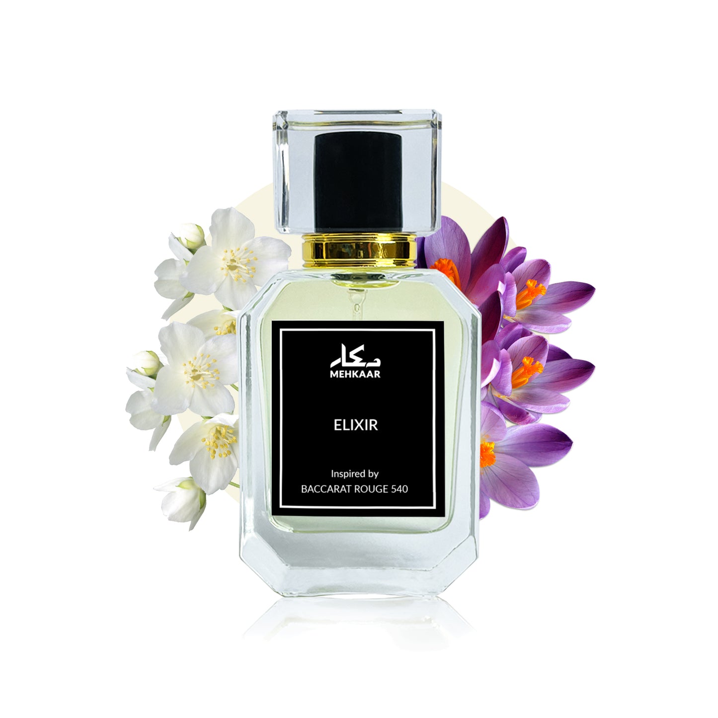 Elixir 50ml perfume by Mehkaar Fragrances inspired by Baccarat Rouge 540 glass spray bottle