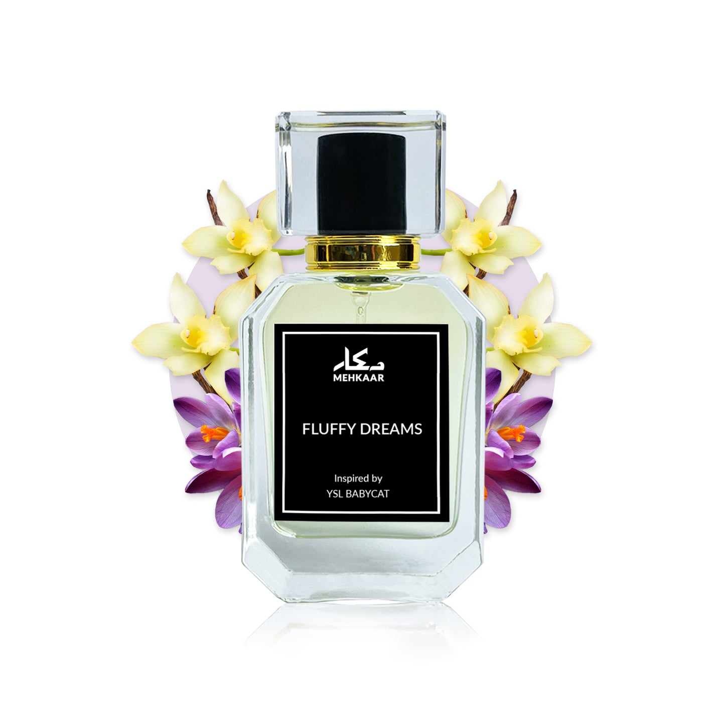 Fluffy Dreams 50ml perfume by Mehkaar Fragrances inspired by YSL Babycat glass spray bottle
