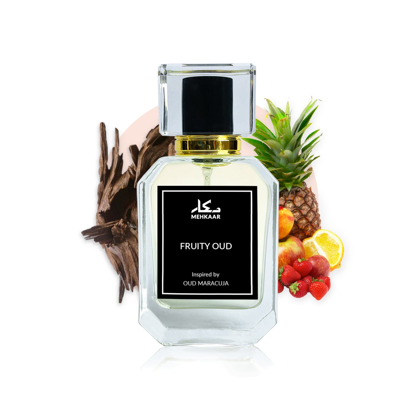 Fruity Oud 50ml perfume by Mehkaar Fragrances inspired by Oud Maracuja glass spray bottle