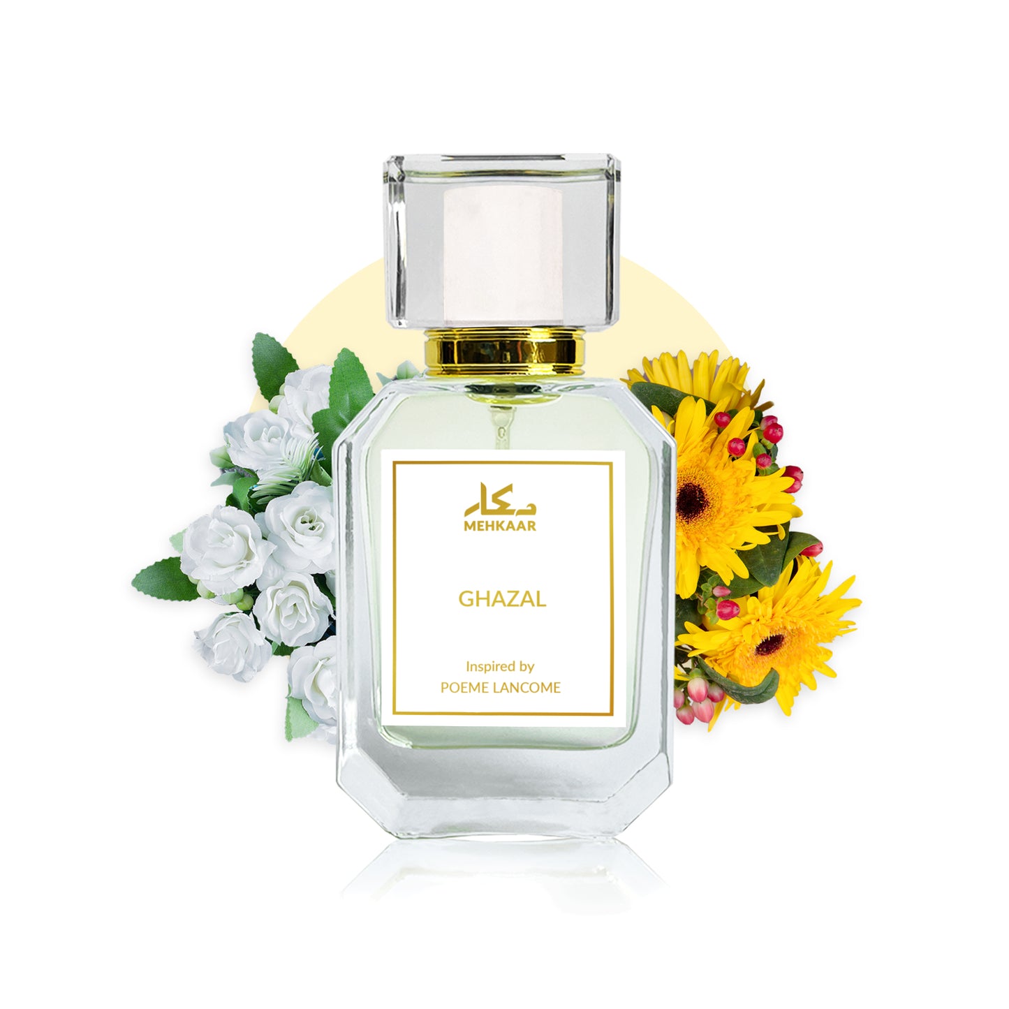 Ghazal 50ml perfume by Mehkaar Fragrances inspired by Poeme Lancome glass spray bottle