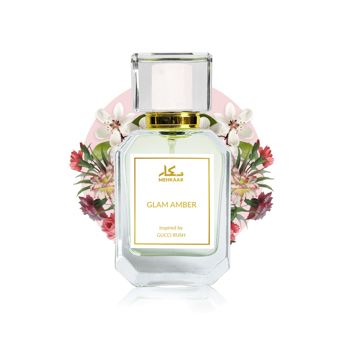 Glam Amber 50ml perfume by Mehkaar Fragrances inspired by Gucci Rush glass spray bottle