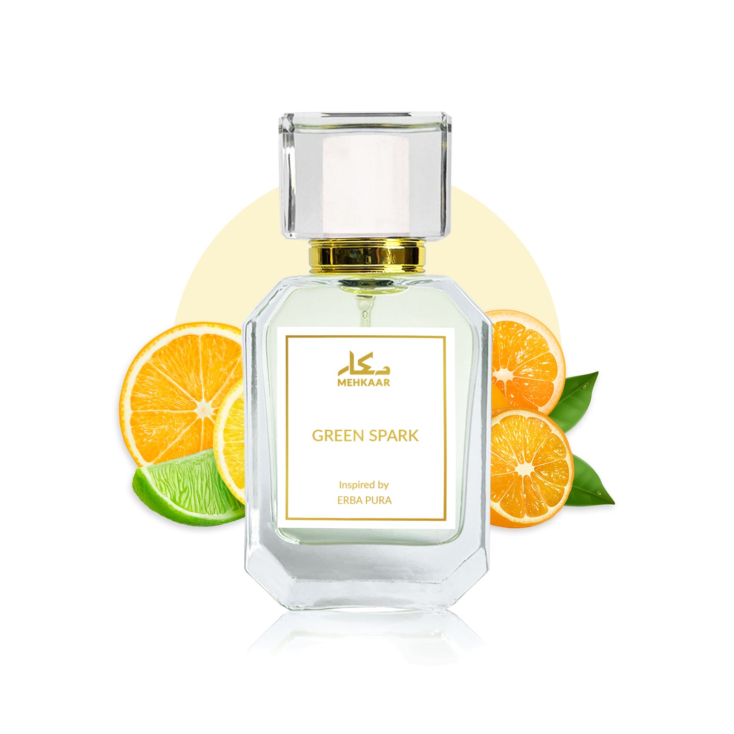 Green Spark 50ml perfume by Mehkaar Fragrances inspired by Xerjoff Erba Pura glass spray bottle