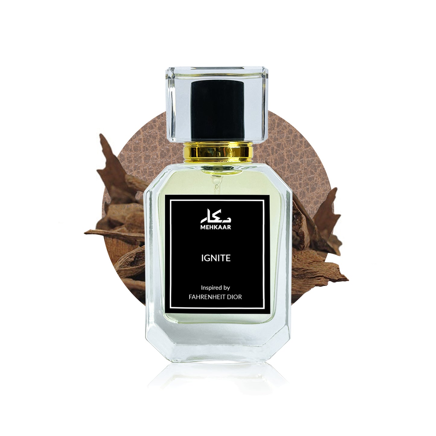 Ignite 50ml perfume by Mehkaar Fragrances inspired by Dior Fahrenheit glass spray bottle