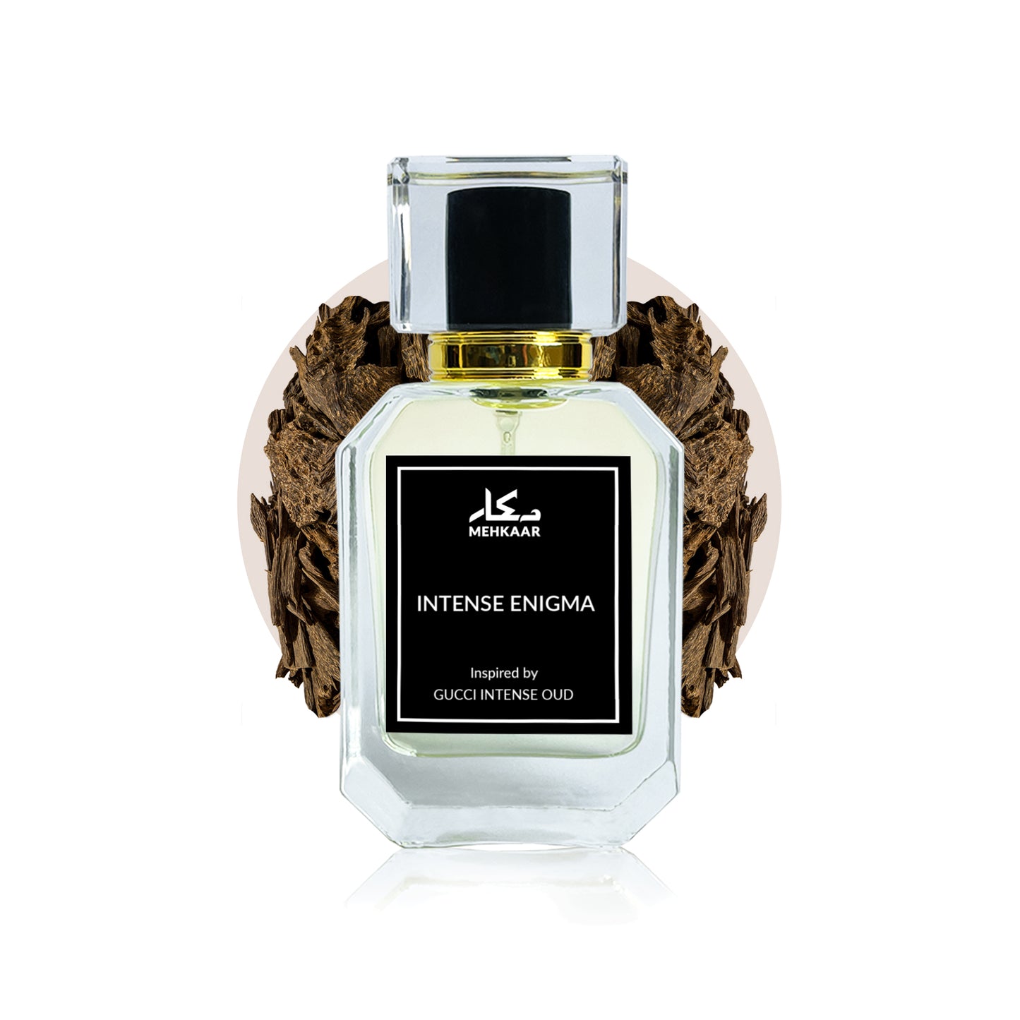Intense Enigma 50ml perfume by Mehkaar Fragrances inspired by Gucci Oud Intense glass spray bottle