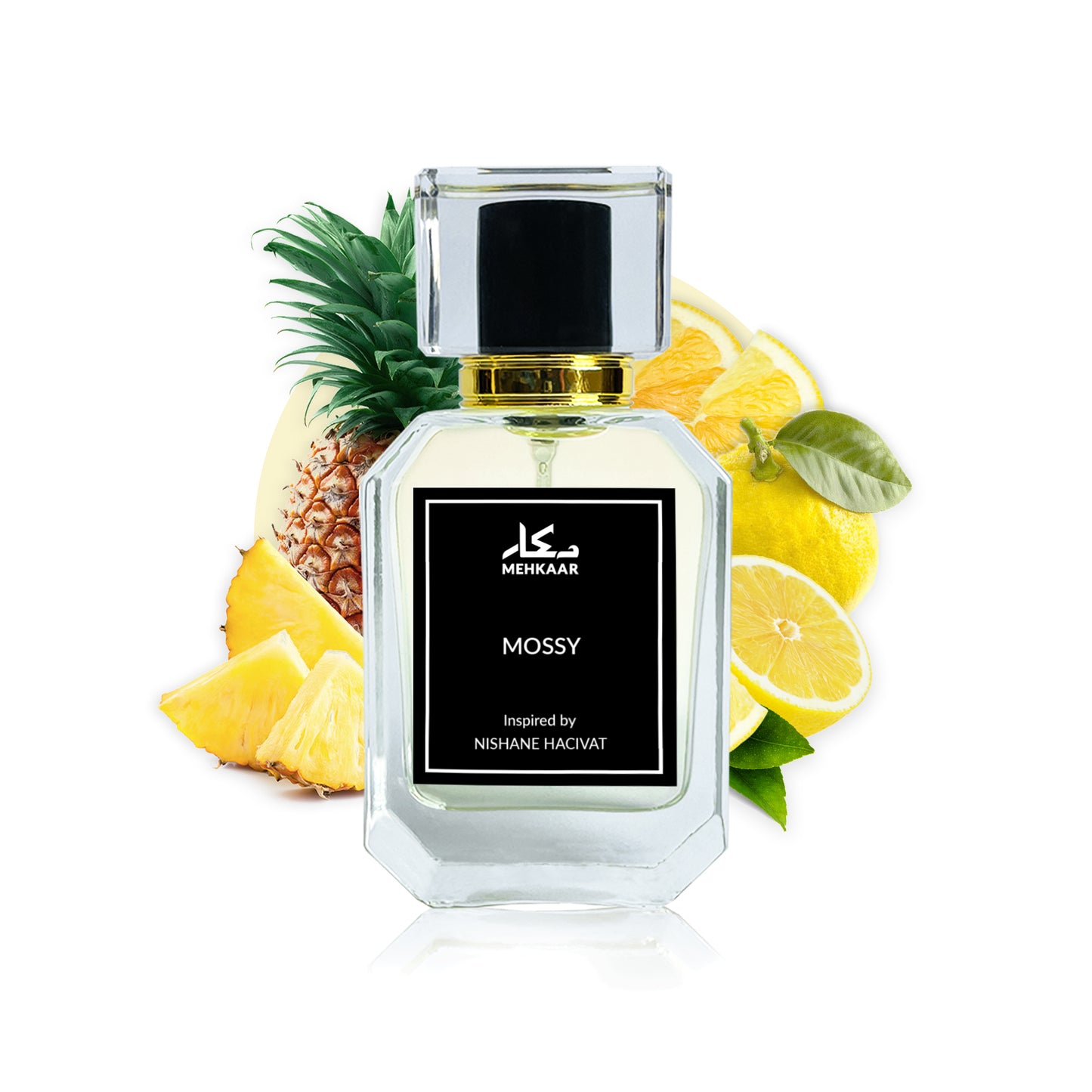 Mossy 50ml perfume by Mehkaar Fragrances inspired by Nishane Hacivat glass spray bottle