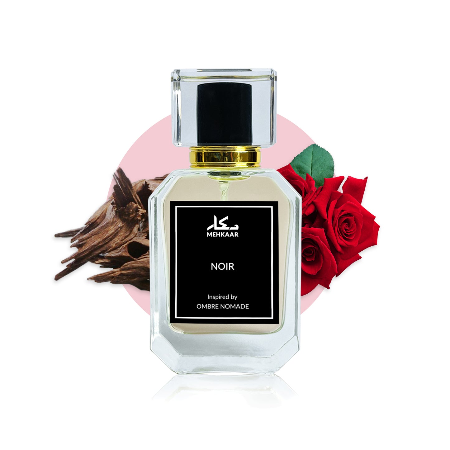 Noir 50ml perfume by Mehkaar Fragrances inspired by Louis Vuitton Ombre Nomade glass spray bottle
