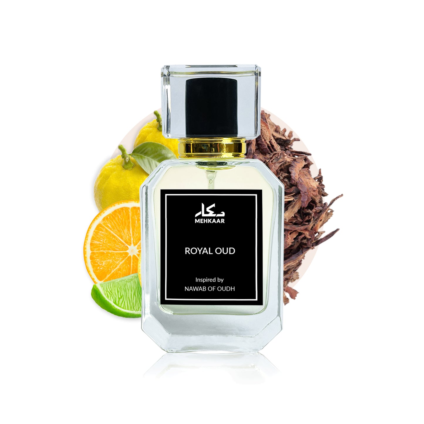 Royal Oud 50ml perfume by Mehkaar Fragrances inspired by Nawab of Oudh glass spray bottle