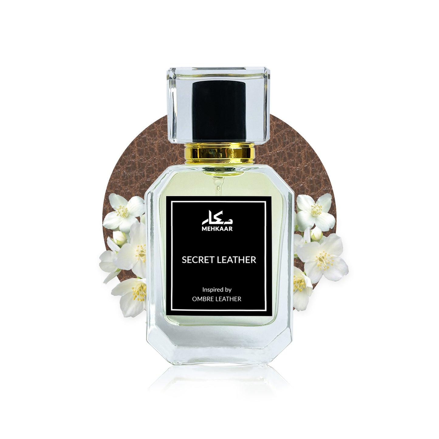 Secret Leather 50ml perfume by Mehkaar Fragrances inspired by Tom Ford Ombre Leather glass spray bottle