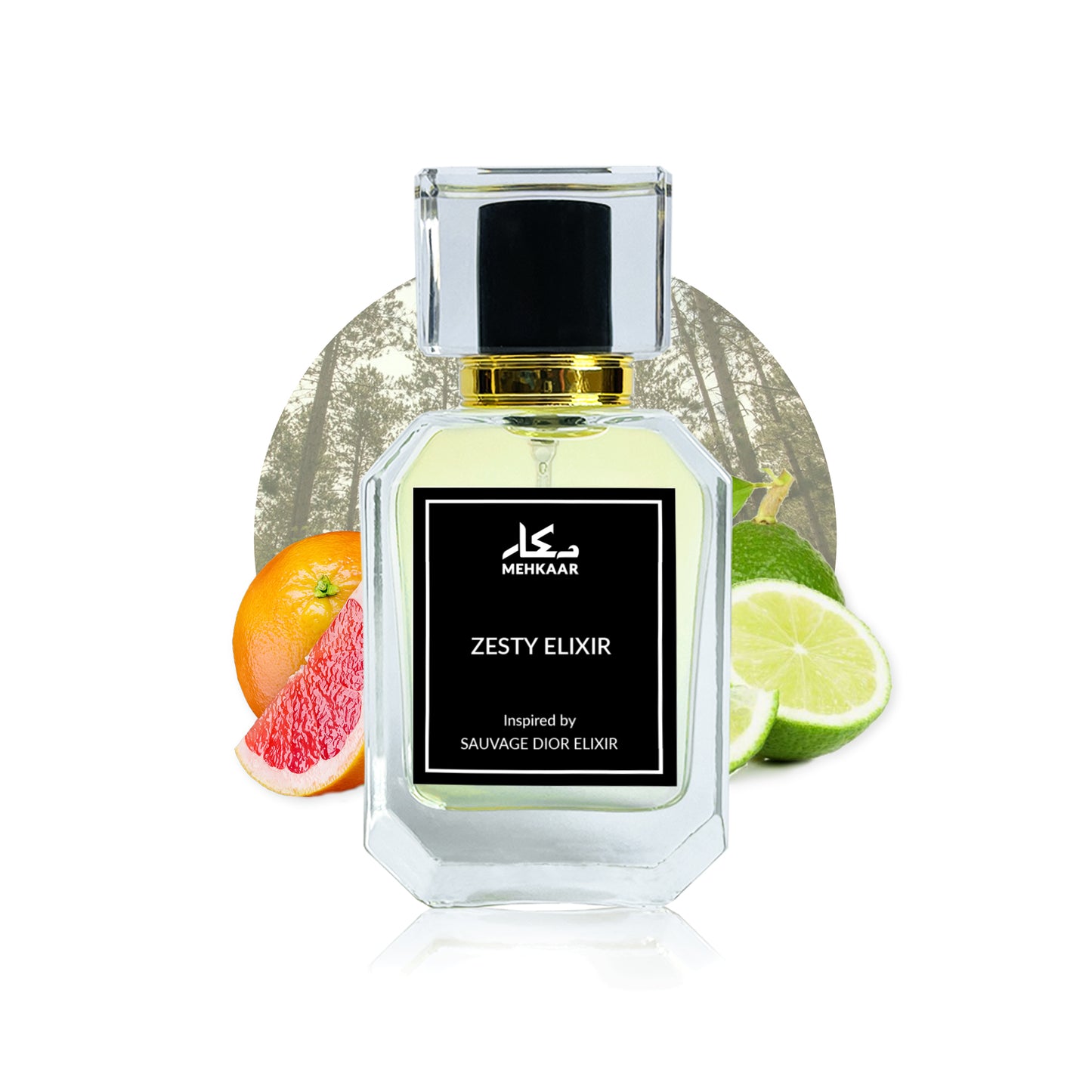 Zesty Elixir 50ml perfume by Mehkaar Fragrances inspired by Dior Sauvage Elixir glass spray bottle