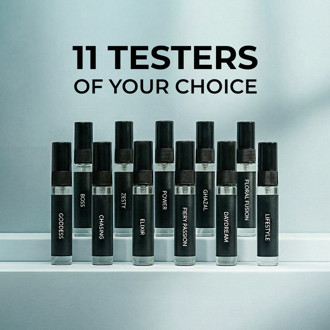 11 perfume testers pack by Mehkaar Fragrances assorted inspired fragrances 5ml glass spray bottles set