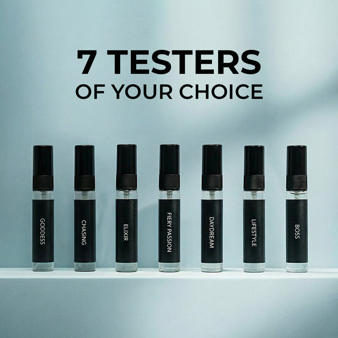 7 perfume testers pack by Mehkaar Fragrances assorted inspired fragrances 5ml glass spray bottles set