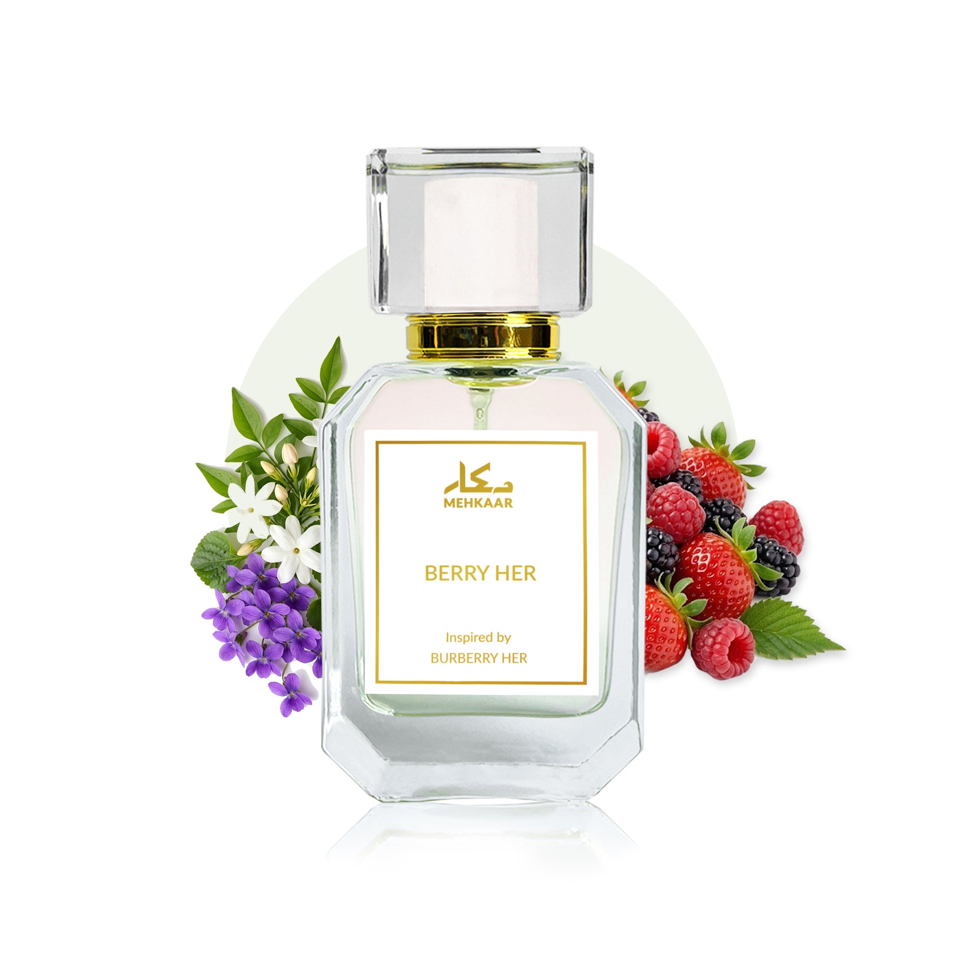Berry Her 50ml perfume by Mehkaar Fragrances inspired by Burberry Her glass spray bottle