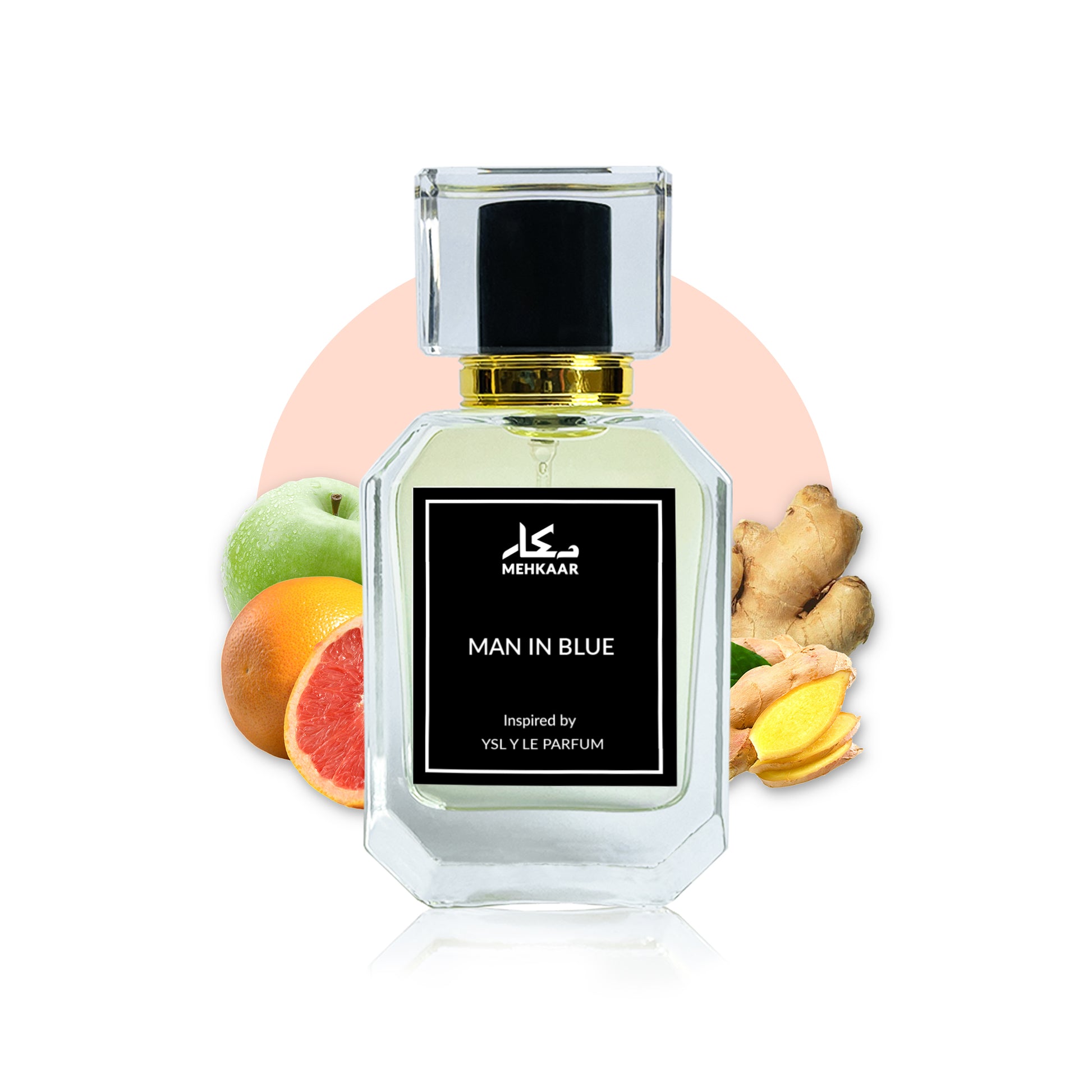 Man In Blue 50ml perfume by Mehkaar Fragrances inspired by YSL Y Le Parfum glass spray bottle