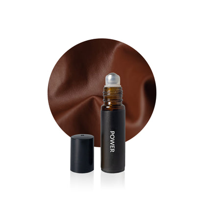 Power 10ml roll-on attar by Mehkaar Fragrances inspired by Tuscan Leather glass bottle with roll-on applicator and gold cap