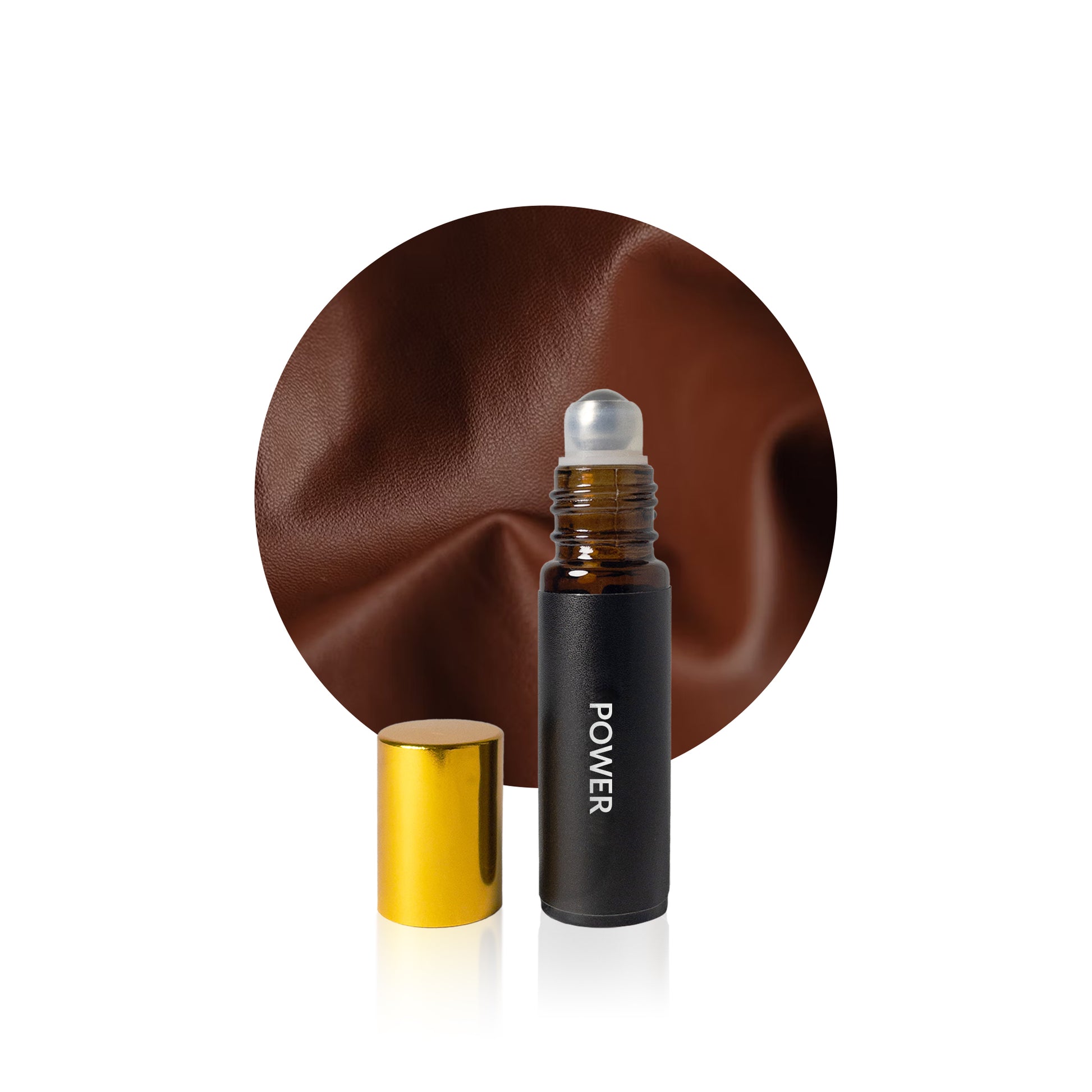 Power 6ml roll-on attar by Mehkaar Fragrances inspired by Tuscan Leather glass bottle with roll-on applicator and black cap
